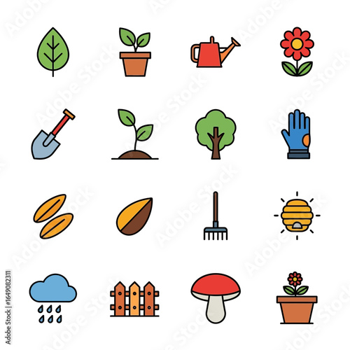 Garden tools icons represent gardening equipment outdoor vector