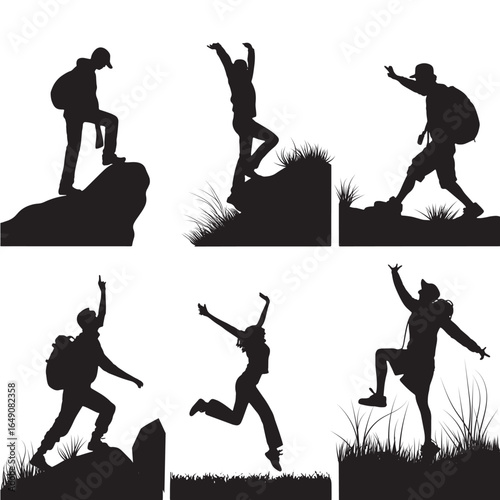 A vector illustration collection of jumping people silhouettes in various fun poses for sport and dance