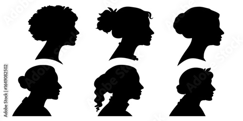 Vector art illustration of a woman's head silhouette in a profile, a black icon of love and beauty