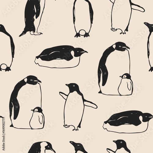 Set of king imperial penguins in different poses. Adult birds and chick. Standing, lying down, walking penguins. Cute adorable birds. Hand drawn modern Vector illustration. Square seamless Pattern