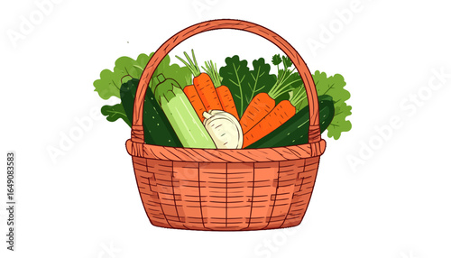 Illustration of a rustic wicker basket filled with a bountiful harvest of fresh farm vegetables on a white background. Concept of healthy food and gardening.