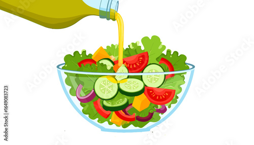 A concept of healthy eating and nutrition illustrated by pouring olive oil dressing on a fresh and vibrant vegetable salad in a glass bowl.