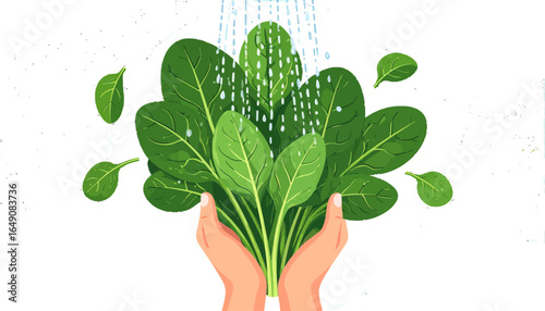 Hands washing fresh green spinach leaves under running water, symbolizing healthy eating, natural organic food preparation, and clean produce for a wholesome diet.