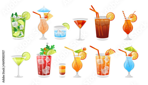 Cocktails collection  realistic 3D bar drinks. Different alcoholic drinks in glasses and decorations.