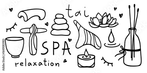 Set of hand drawn spa beauty elements.