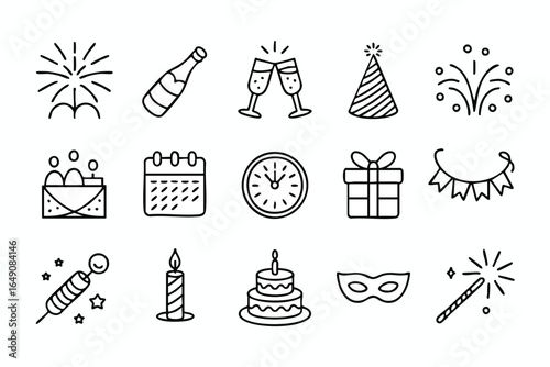 A collection of black and white line art icons representing New Year's Eve celebrations and party elements.