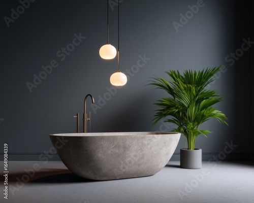 Elegant bathroom design featuring modern bathtub and green plant minimalist style indoor environment contemporary view