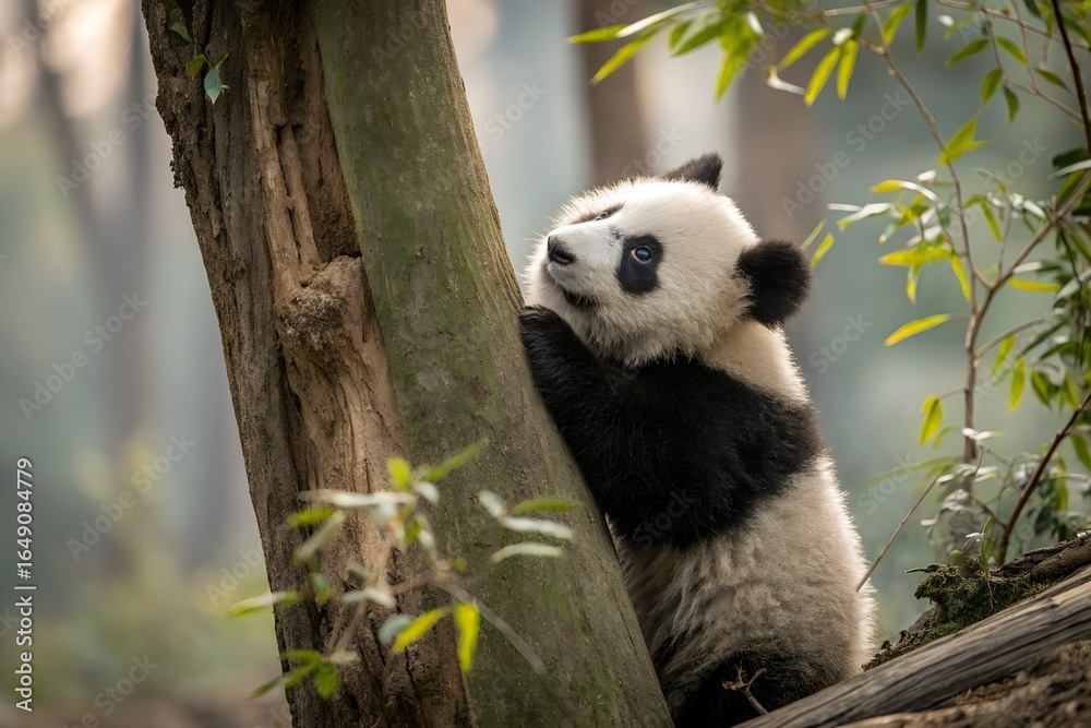 Fototapeta premium Young Giant Panda Cub Climbing a Tree in a Natural Habitat