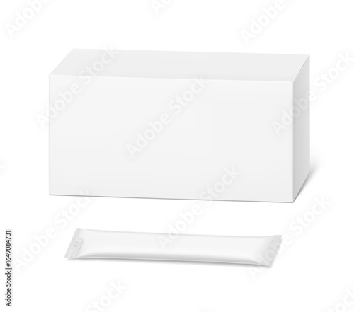 Blank package stick mockup with paperboard box mockup. Flat lay view. Vector illustration isolated on white background. Can be use for food, cosmetic, medicine and etc. EPS10.