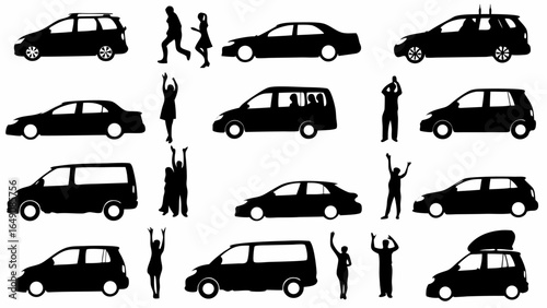 Silhouette illustration showcasing diverse car models and human figures in various poses against white