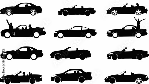 Collection of various car silhouettes including convertibles and sports cars in black and white design