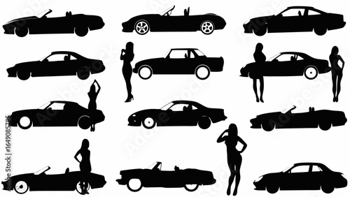 Silhouette illustration featuring various car models and female figures in different poses and styles