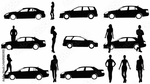 Silhouettes of cars and people in various poses and arrangements on a white background showcasing variety