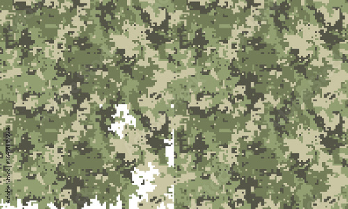 Abstract digital camouflage pattern. Seamless texture in shades of green and beige, ideal for military, fashion, or gaming designs.