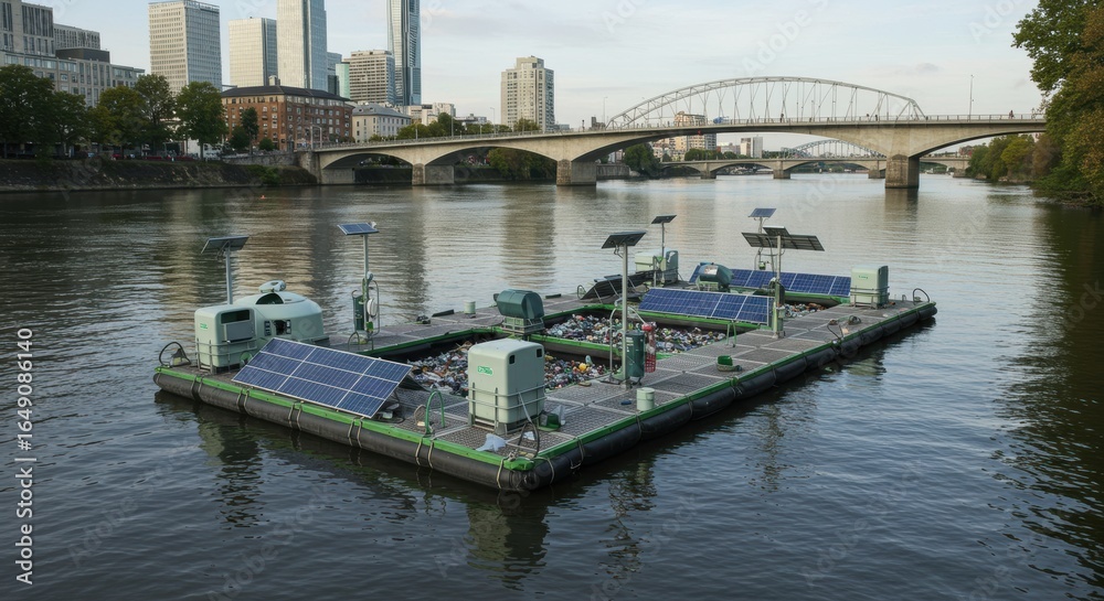 Fototapeta premium Innovative solar-powered floating platform riverbank technology installation urban environment aerial view sustainability concept