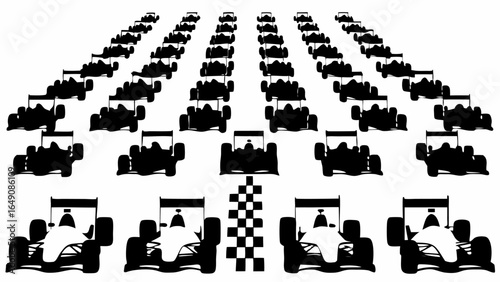 A large group of race cars are lined up in rows with a checkered finish line in the foreground center silhouette