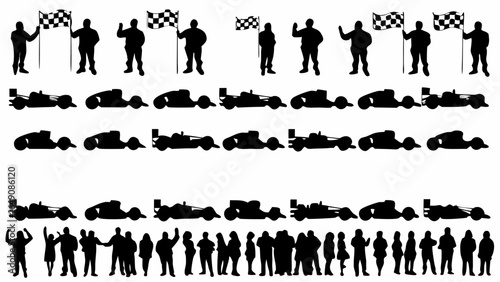 Silhouettes of race cars, flag bearers and cheering crowd in black and white vector illustration design