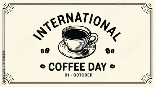 Vintage style international coffee day celebration with coffee cup and beans