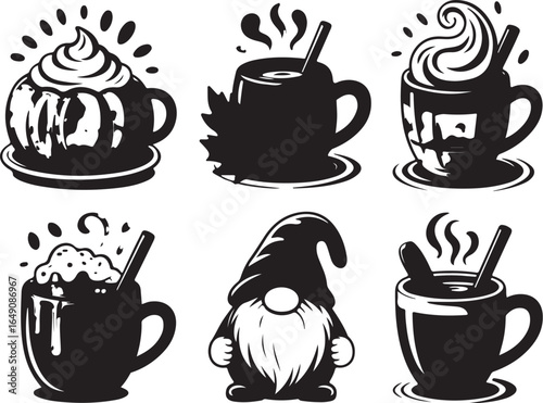 Cozy hot drinks and gnome illustration for cafe or fall design