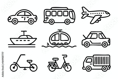 Collection of various modes of transportation, including cars, buses, airplanes, boats, bicycles, and trucks.