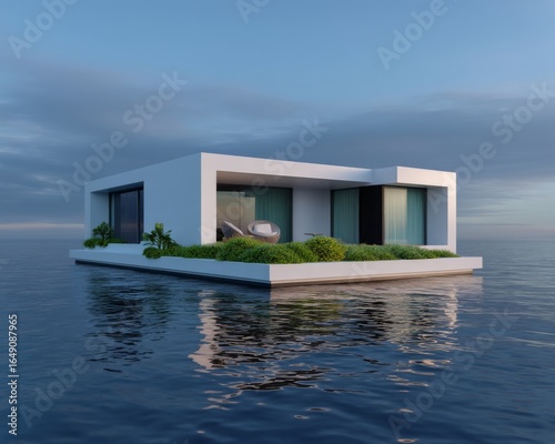 Contemporary floating house innovation serene water setting architecture visualization modern design aerial perspective