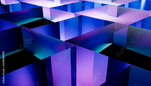 Abstract 3D render of blue geometric cubes with reflections