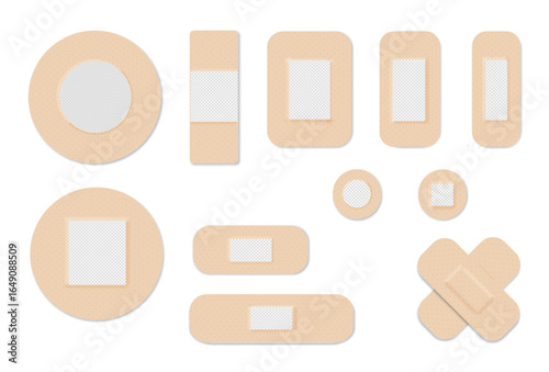 Medical plasters. Bandages set. Adhesive bandage for first aid for wounds operations and skin injuries. Protecting open wound from infection. Vector