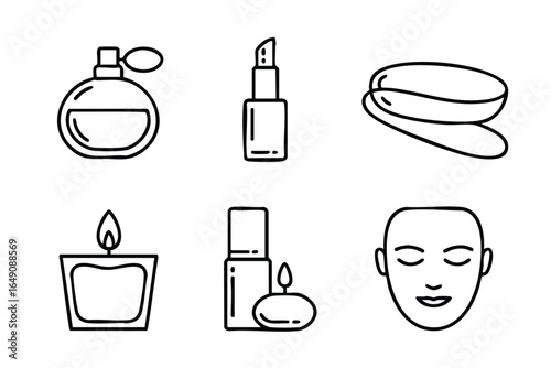 Line art icons of beauty and personal care items including perfume, lipstick, candles, and a face.