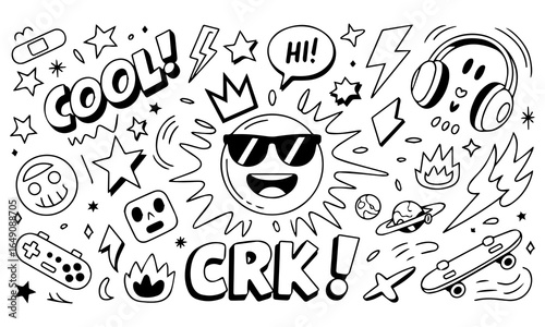Hand-drawn doodle vector set with cool icons like skulls, smiley faces, lightning bolts, game controller, and more. Perfect for t-shirts, stickers, and streetwear graphics. 