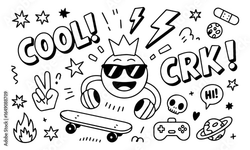 Hand-drawn doodle vector set with cool icons like skulls, smiley faces, lightning bolts, game controller, and more. Perfect for t-shirts, stickers, and streetwear graphics. 