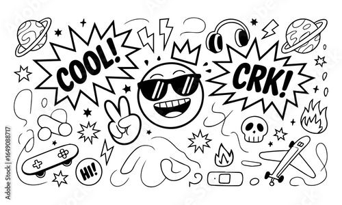Hand-drawn doodle vector set with cool icons like skulls, smiley faces, lightning bolts, game controller, and more. Perfect for t-shirts, stickers, and streetwear graphics. 