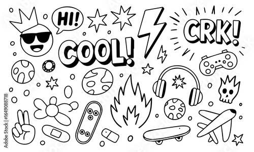 Hand-drawn doodle vector set with cool icons like skulls, smiley faces, lightning bolts, game controller, and more. Perfect for t-shirts, stickers, and streetwear graphics. 