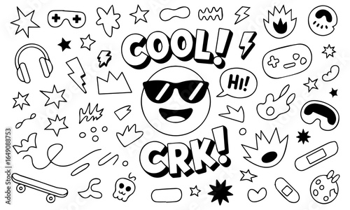 Hand-drawn doodle vector set with cool icons like skulls, smiley faces, lightning bolts, game controller, and more. Perfect for t-shirts, stickers, and streetwear graphics. 