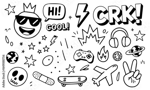 Hand-drawn doodle vector set with cool icons like skulls, smiley faces, lightning bolts, game controller, and more. Perfect for t-shirts, stickers, and streetwear graphics. 
