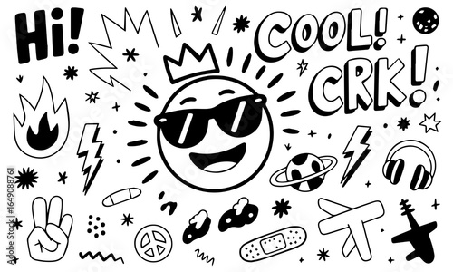 Hand-drawn doodle vector set with cool icons like skulls, smiley faces, lightning bolts, game controller, and more. Perfect for t-shirts, stickers, and streetwear graphics. 