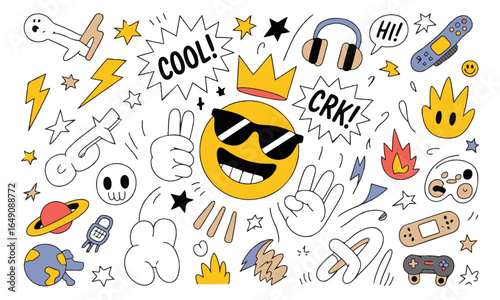 Hand-drawn doodle vector set with cool icons like skulls, smiley faces, lightning bolts, game controller, and more. Perfect for t-shirts, stickers, and streetwear graphics. 