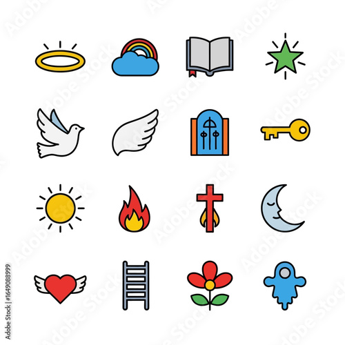 Icons depict spiritual concepts heavenly on white