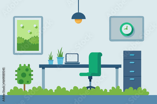Vector illustration of a modern living room with a view of a green city landscape