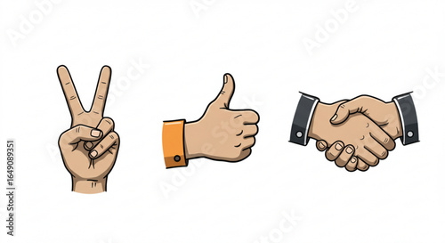 Illustration showing a peace sign a thumbs up and a handshake on a white background in cartoon style vreated with genrated ai