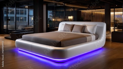 Modern led illuminated bed design luxury bedroom furniture showcase contemporary interior wide angle sleep concept