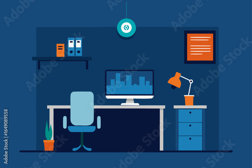 Vector illustration of a modern office interior with a desk, computer, and chair