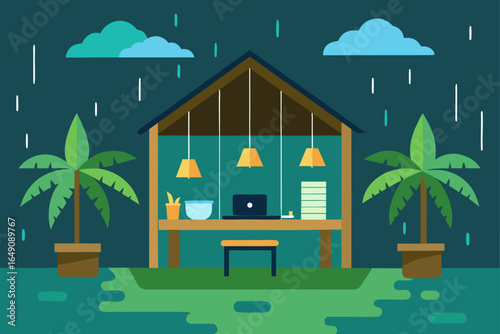 A colorful cartoon tropical beach house with a red roof is nestled in a village of lush green palm trees by the sea under a summer sun
