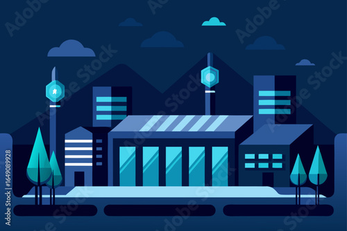 An artistic vector illustration of a quiet night city street with a house