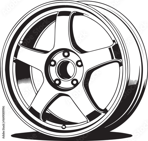 five spoke car wheel rim vector illustration black white detailed three dimensional automotive design ai eps jpeg png