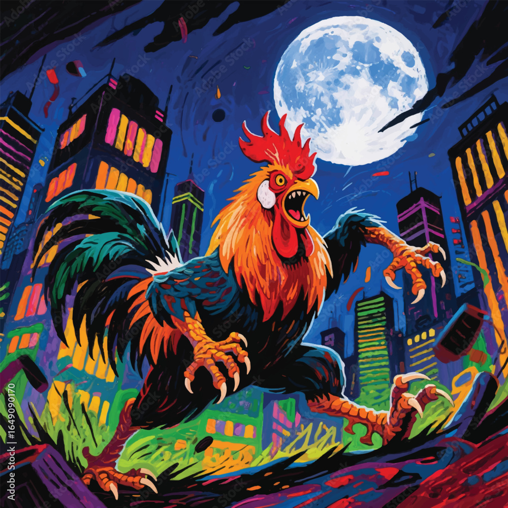 Fototapeta premium Rooster Monster City Invasion Vector Design Template