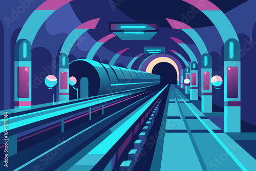 High-speed motion blur of a metro train in a dark Moscow subway station at night