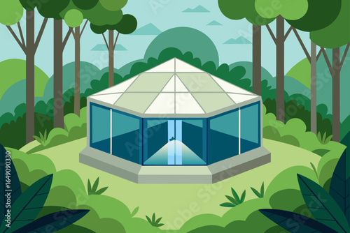 A colorful cartoon vector illustration of a residential house with a garden, surrounded by trees and a beautiful landscape