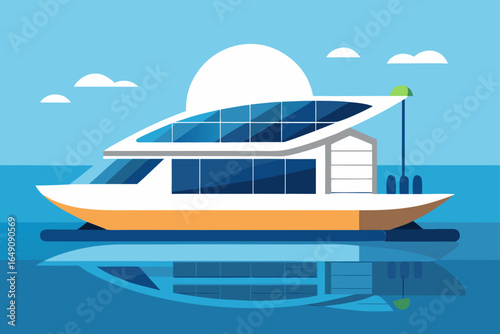A sleek white luxury yacht cruises across the sparkling blue ocean under a summer sky