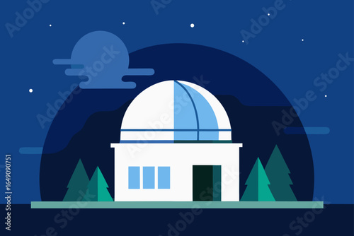 Night sky with moon and stars over an ancient stone dome and a city