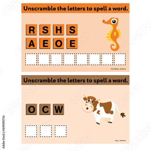 Unscramble the letters to spell a word seahorse cow